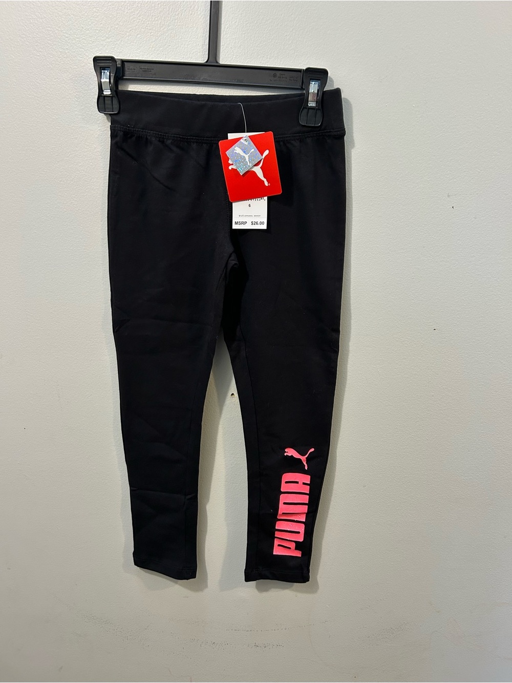 PUMA Girls' Black Leggings with Pink Logo size 6 kid
